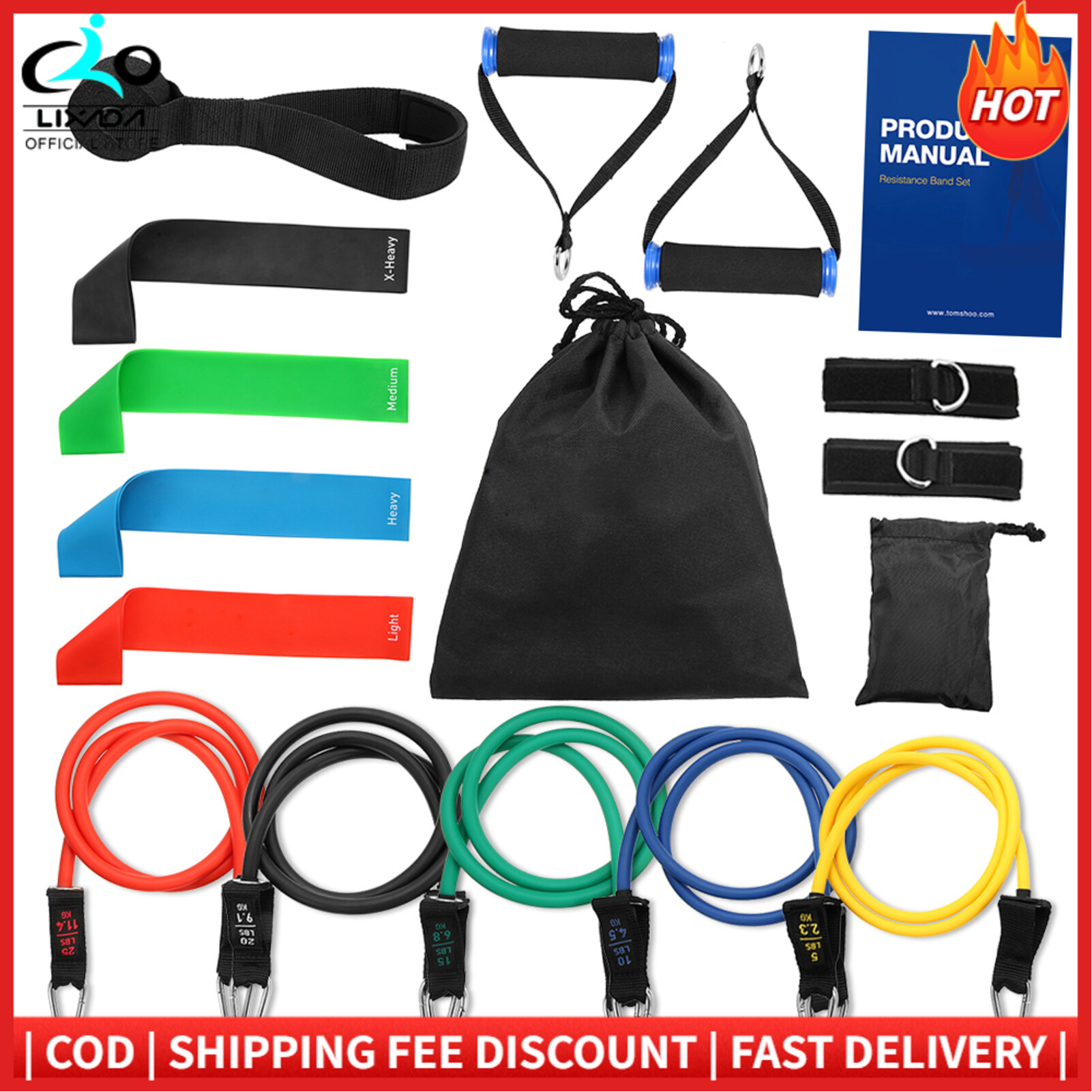 TOMSHOO 17 Cái Băng Đối Kháng Bộ Tập Thể Dục Tập Thể Dục Phục Hồi Chức Năng Ban Nhạc Dây Tập Vòng Dây Tập Neo Vào Cửa Dây Đeo Mắt Cá Chân Tay Cầm Có Túi Xách Tay Cho Phòng Tập Thể Dục Du Lịch