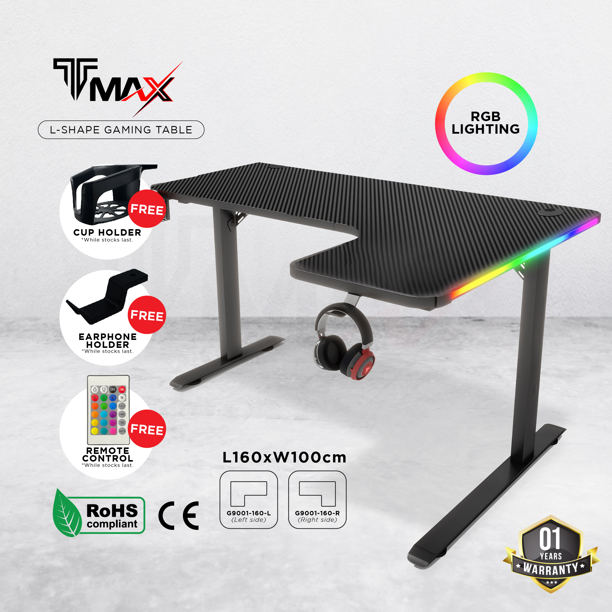 TMAX L-Shape L160cm Gaming Table Study Table Working Desk With RGB Lighting Modern Style [ 1 YEARS WARRANTY ]