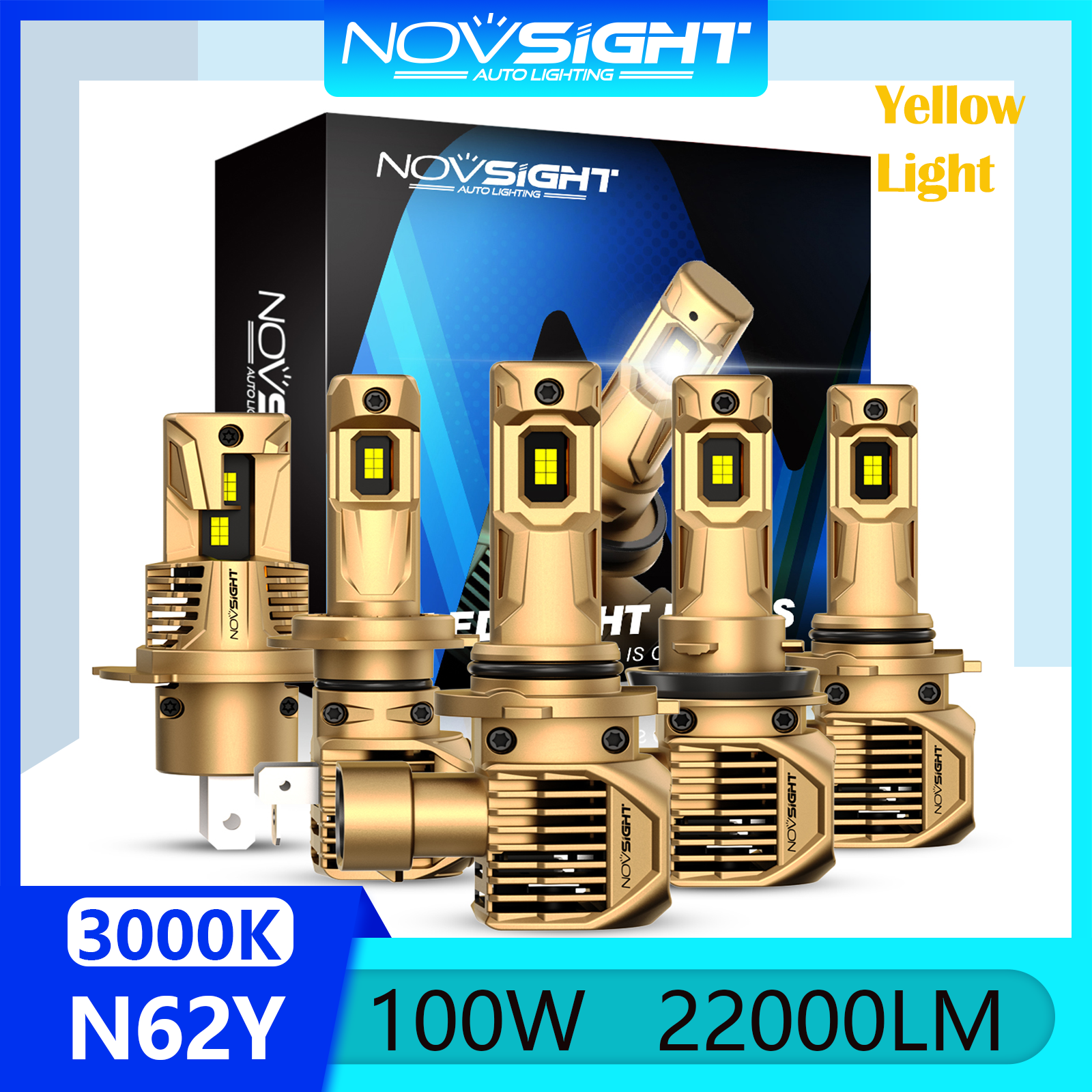 Ánh Sáng Vàng 2 Bóng Novsight N62Y Đèn Pha LED Bóng Đèn 9005 9006 9012 H4 H7 H11 LED Cho Ô Tô Chùm Cao/Chùm Thấp Sương Mù 100W 22000LM 3000K Siêu Sáng Cắm Và Chạy Miễn Phí Vận Chuyển