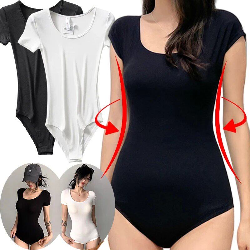 Seamless Shaperwear Women's Bodysuit Sexy Ribbed One Piece Square Neck Short Sleeve Bodysuits Tummy Control Body Shapers Belly