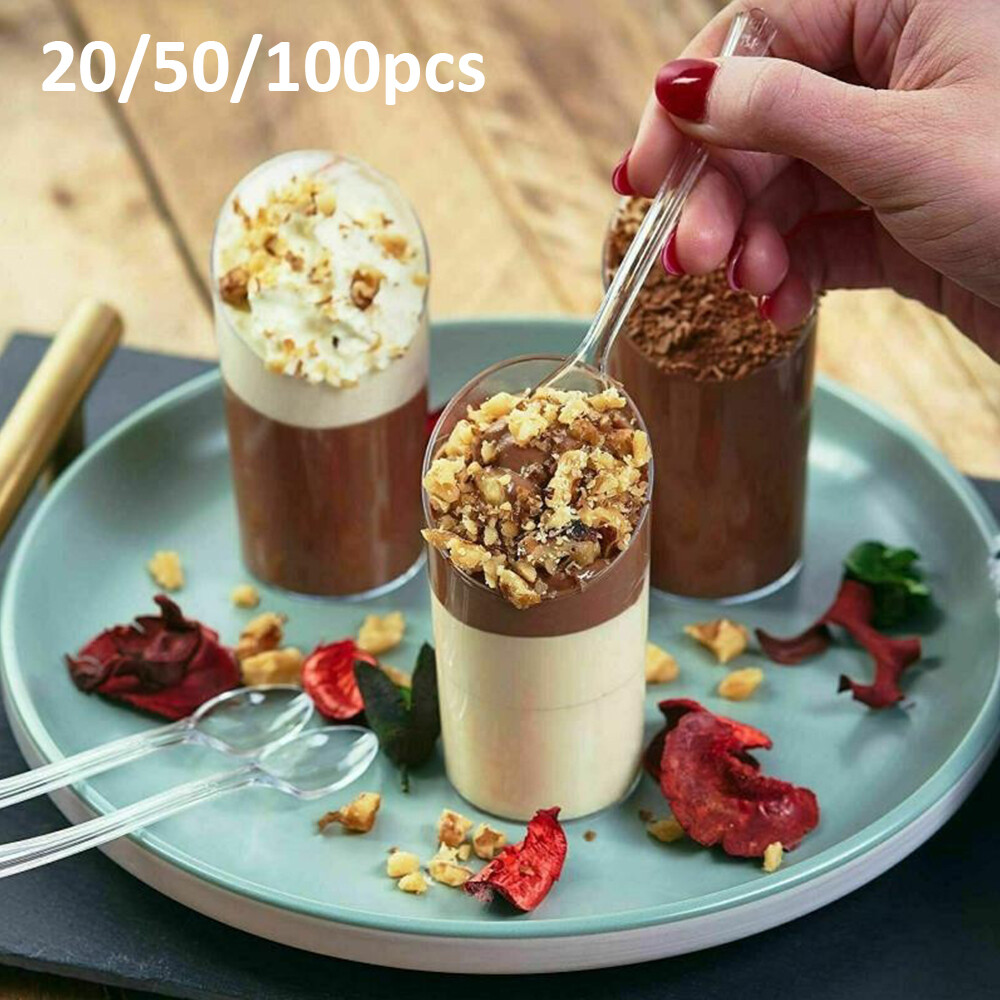 Gambar 1.7 Oz 50 Ml Dessert Cups Plastic Round Parfait Cups with Spoons 20pcs  50pcs  100pcs Clear Slanted Parfait Glass Mini Dessert Appetizer Cup for Cake Souffle Jello Tumbler Weddings Push Up Jello Shot Cups Round Plastic Dessert Shooter Cups