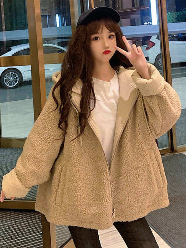 Thickened double-sided lamb wool coat for female ins students Korean style loose autumn and winter New Harajuku workwear cotton coat fashion