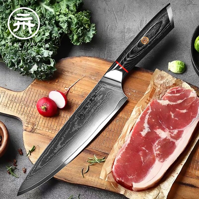 Gambar Japanese chef knife knife slicing knife carving knife sushi saury knife colour wooden handle Damascus steel knife