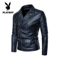 PLAYBOY Leather Jacket Mens Autumn and Winter Vertical Collar Motorcycle Jacket Work Jacket Fashionable PU Leather Jacket