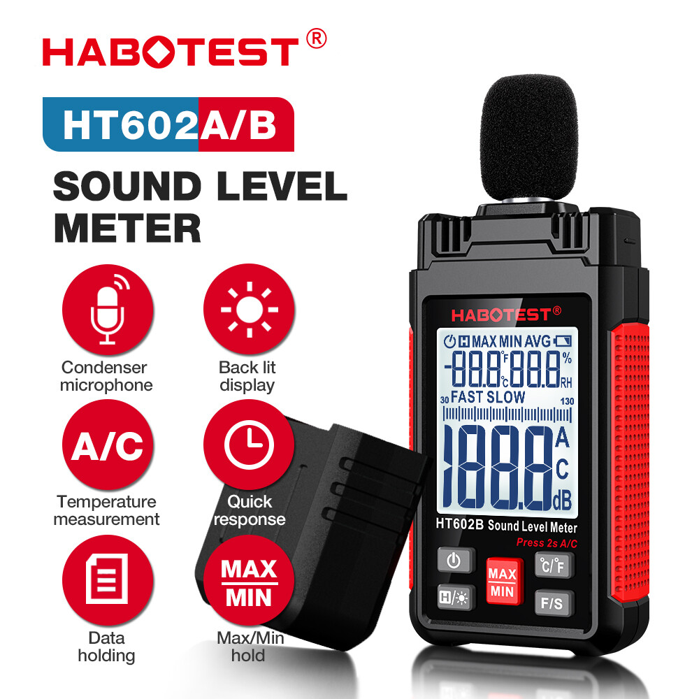 Habotest ht602 máy đo mức âm thanh kỹ thuật số máy kiểm tra giám sát decibel lcd 2.2 inch 30-130dba máy đo tiếng ồn máy đo âm lượng tiếng ồn