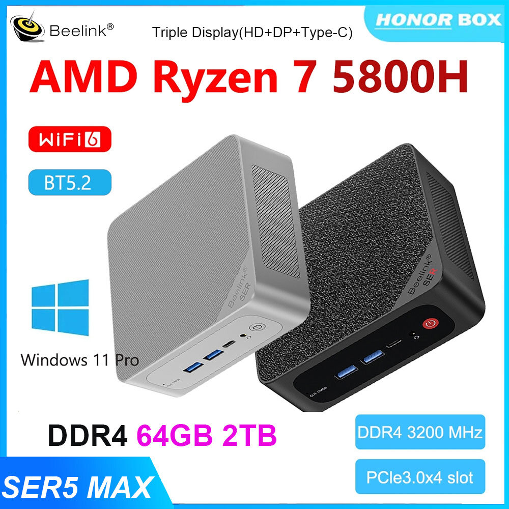 Beelink SER5 MAX 5800H WiFi 6E Mini PC Win11 Pro AMD Ryzen 7 5800H DDR4 16GB 500GB SSD BT5.2 4K 60Hz 1000M Desktop Game Computer ราคา 13,802 บาท*ส่งฟรี