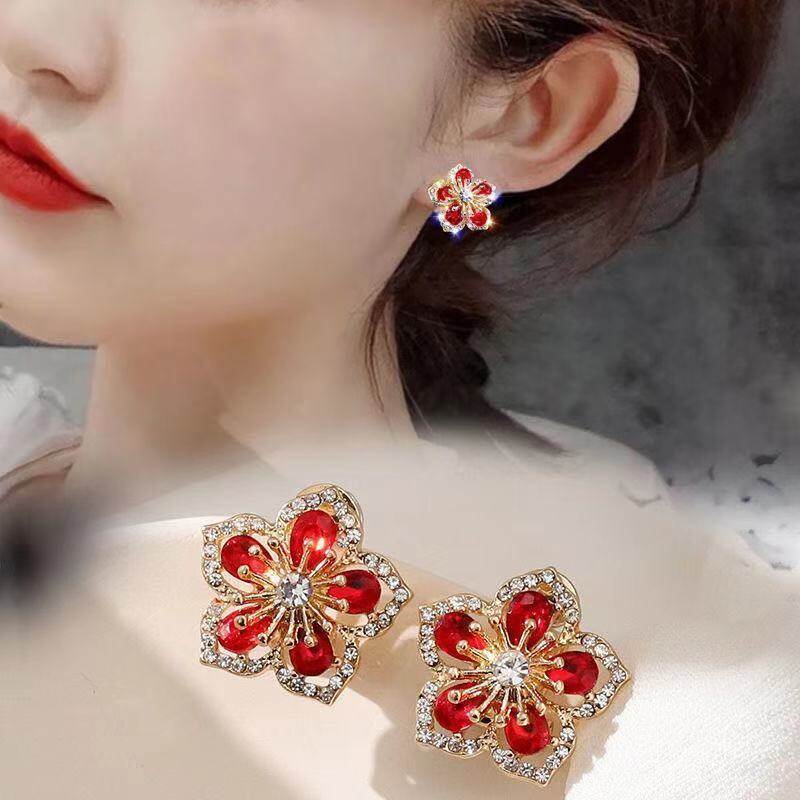 Thanh lịch Zircon đỏ hoa hồng khuyên nụ bông tai kim cương giả cho phụ nữ