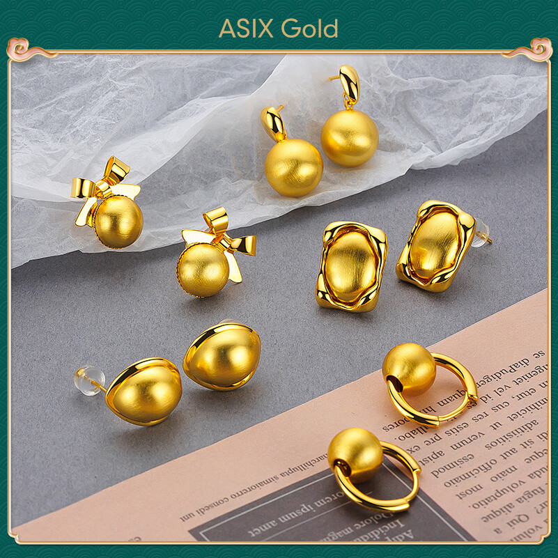 ASIX GOLD 916 gold French vintage metallic brushed geometric bow stud earrings 18K gold high fashion luxury handmade women's stud earrings Lucky stud earrings No allergies Won't blacken Won't peel A great holiday gift ราคา 303 บาท*ส่งฟรี