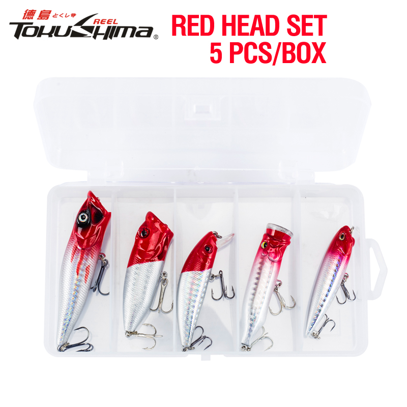 อุปกรณ์กีฬาและกิจกรรมกลางแจ้ง Tokushima 5PCS/BOX Red Head Fishing Bait Set 7.9/6/9.4/11.8/12.5g Casting Trolling Buzz Whopper Popper Lure Plastic Hard Bait 5Colors Sinking Minnow