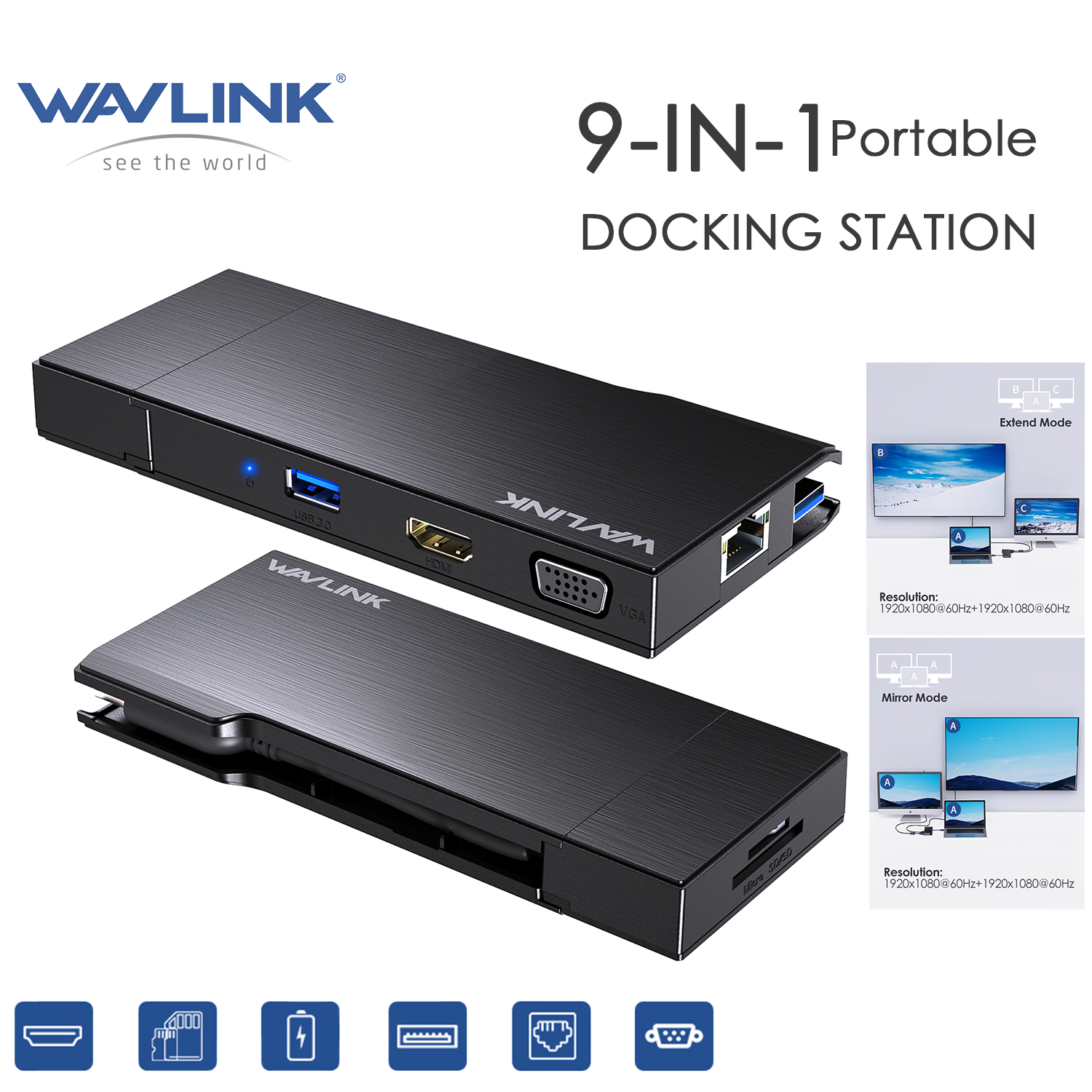 WAVLINK USB3.0 Travel Mini Dock, 9-in-1 Portable DisplayLink Dock