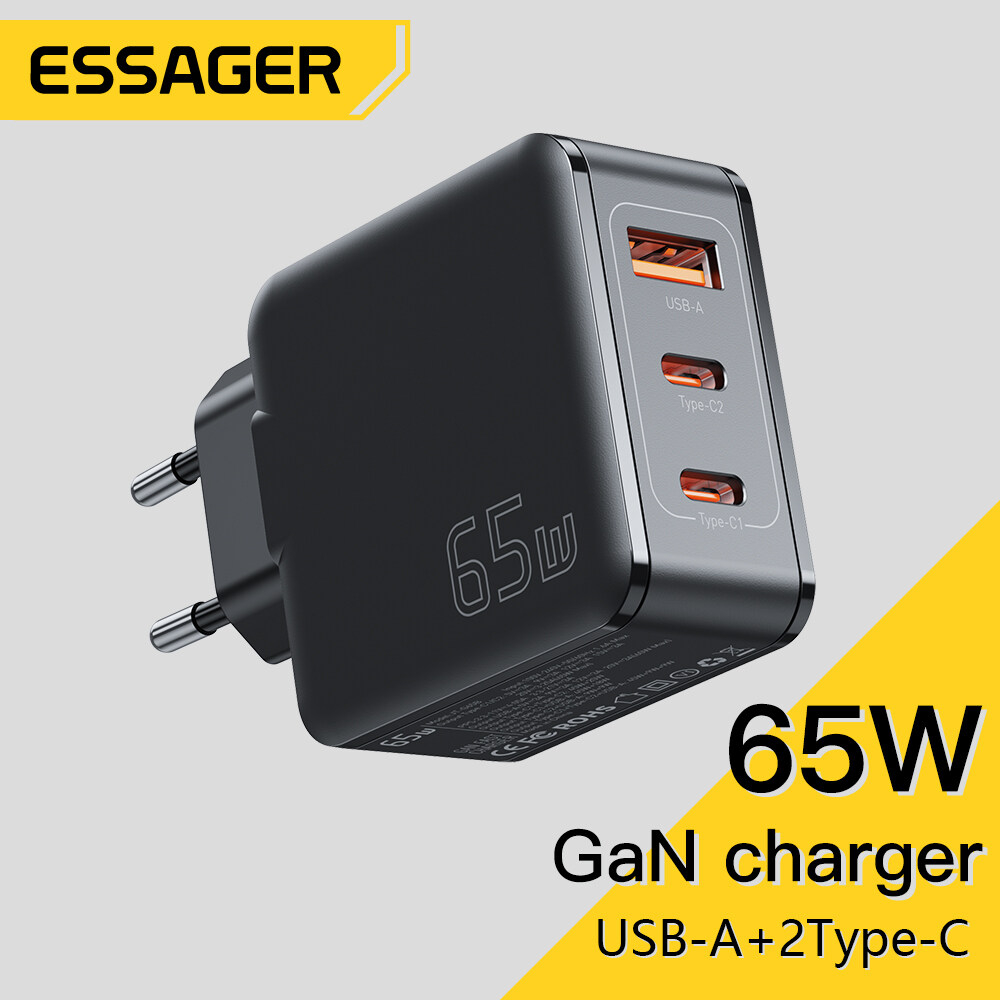 Essager Bộ Sạc Du Lịch GaN 65W Dual Type-C + USB A Cho Máy Tính Bảng Và Máy Tính Xách Tay Sạc Nhanh 