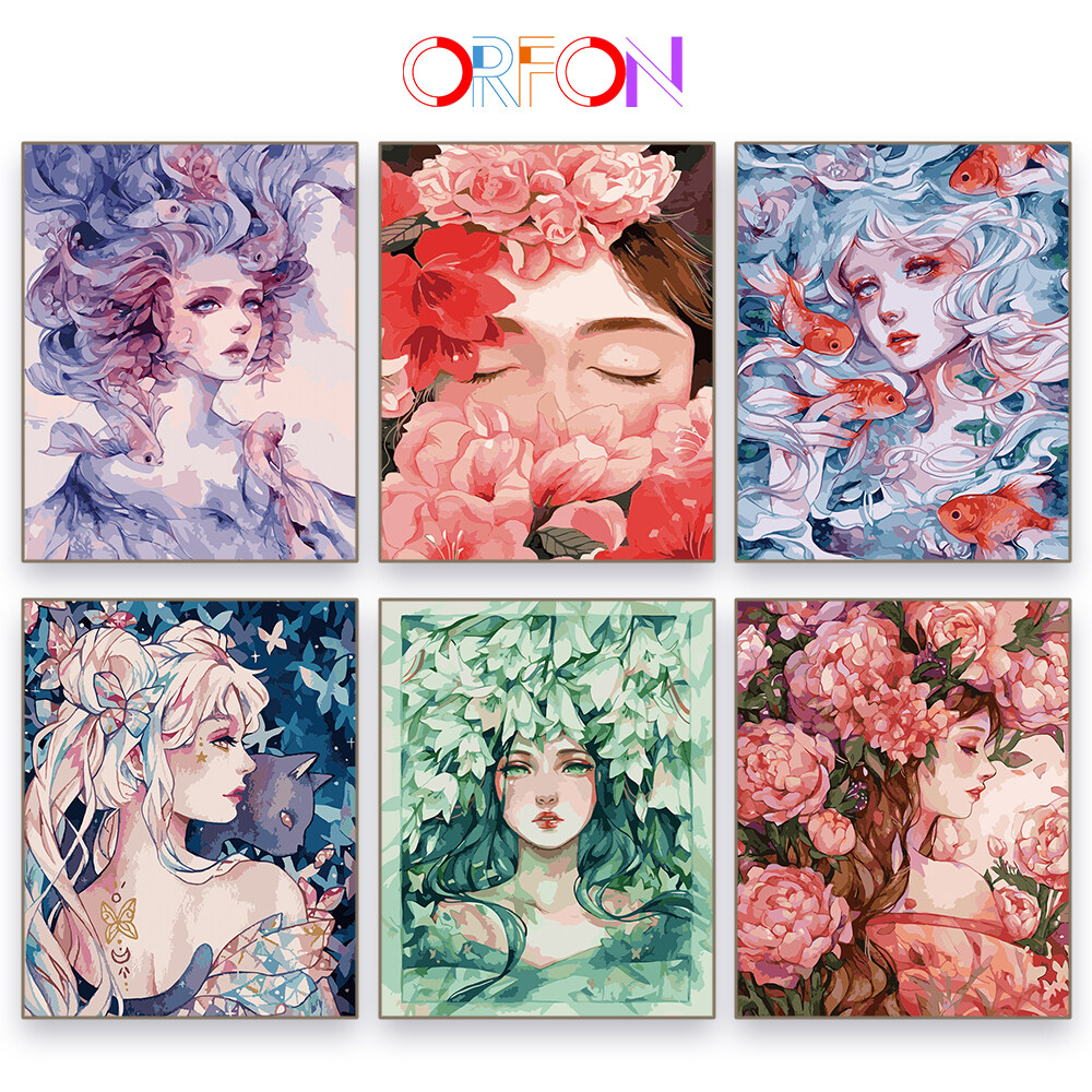 ORFON Paint by numbers 40 50cm DIY frame manual coloring flower feast girl