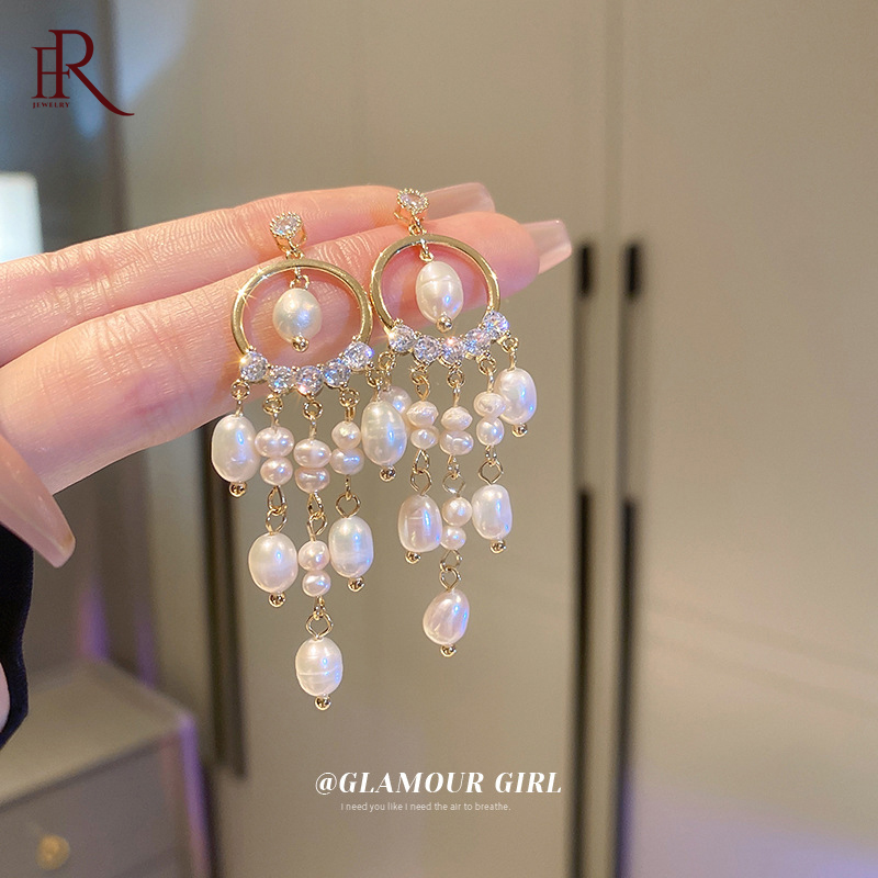 Frascati bông tai dài zircon thanh lịch hàn quốc mới cho nữ bông tai mặt dây chuyền ngọc trai tua dài ngọc trai trang sức quà tặng tinh tế