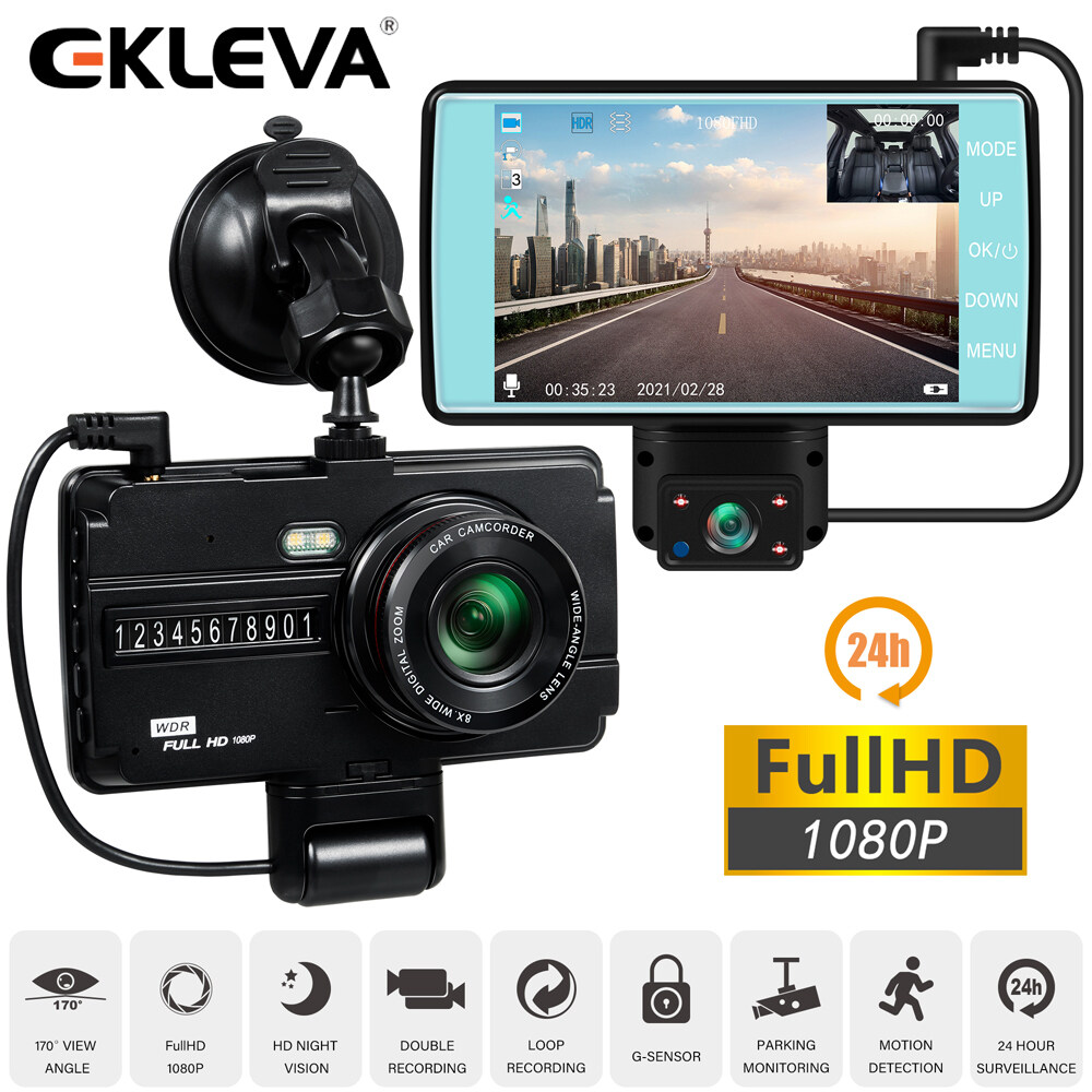 Ekleva 24h Dash Cam Máy thu âm có hình tầm nhìn ban đêm 4.0 inchs IPS HD tự động Máy quay phim DVR đậu xe dvrs Carcam ống kính kép Camera ô tô hộp đen