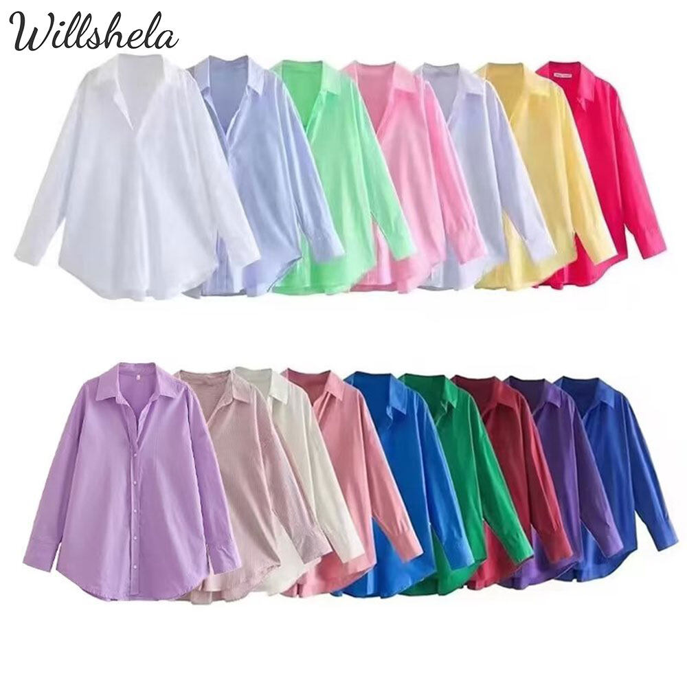 Willshela Women Fashion Solid Cotton Blouse Vintage Lapel Neck Long Sleeve Single Breasted Casual Chic Elegant Female Outfit Shirts