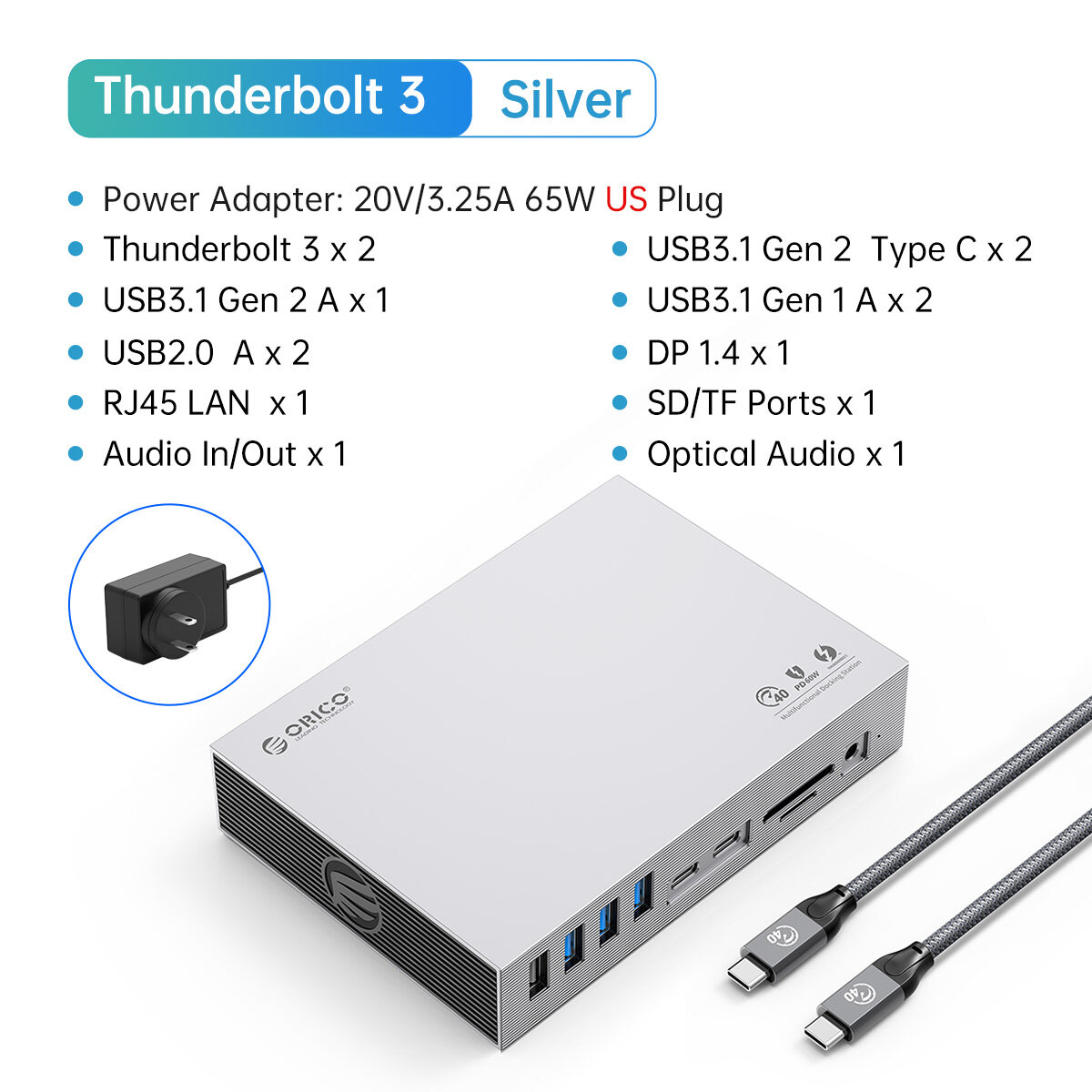 ORICO [Màn hình hiển thị ba màn hình khác nhau] Thunderbolt 3 USB C trạm nối Loại C đến 8k60hz dp 40