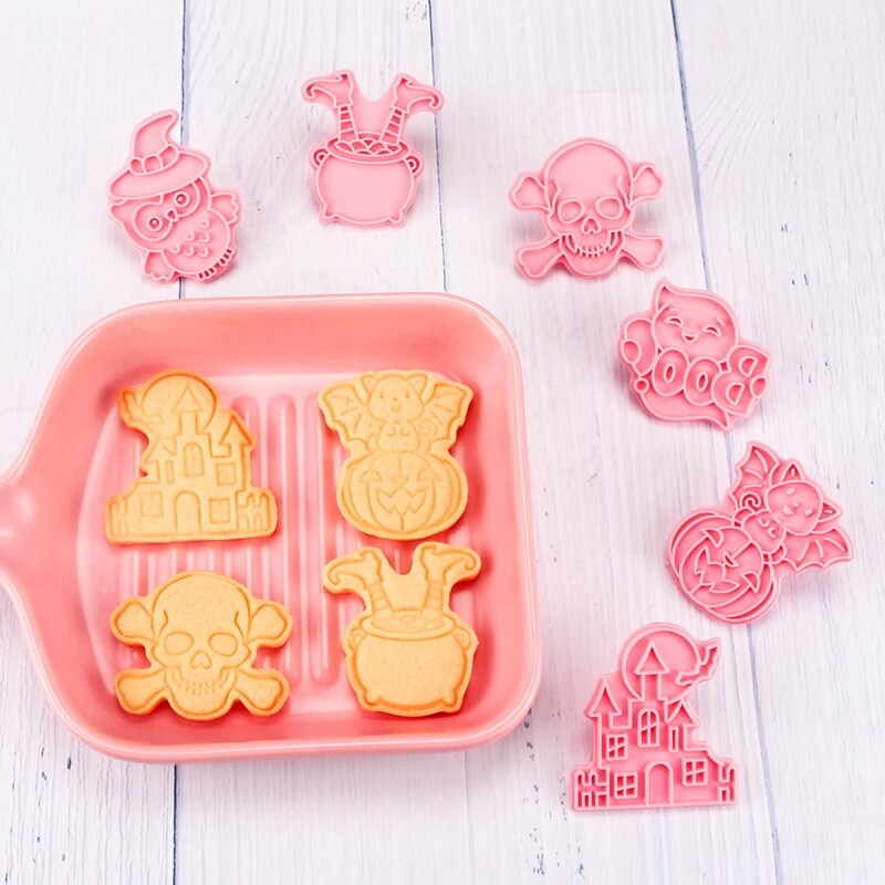 Gambar 6Pcs Set Halloween Cookie Cutters Fondant Cake Mold Plastic Plunger Set Mold Biscuit Baking Tools