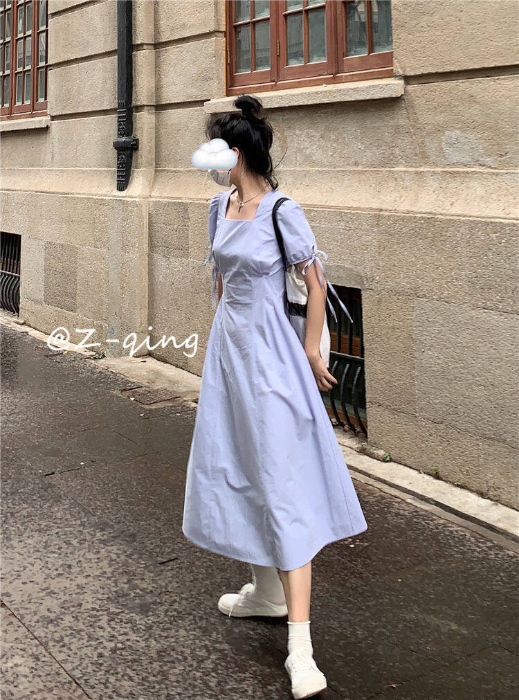 French style square collar puff sleeve dress design niche temperament slim fit gentle first love backless white fairy skirt