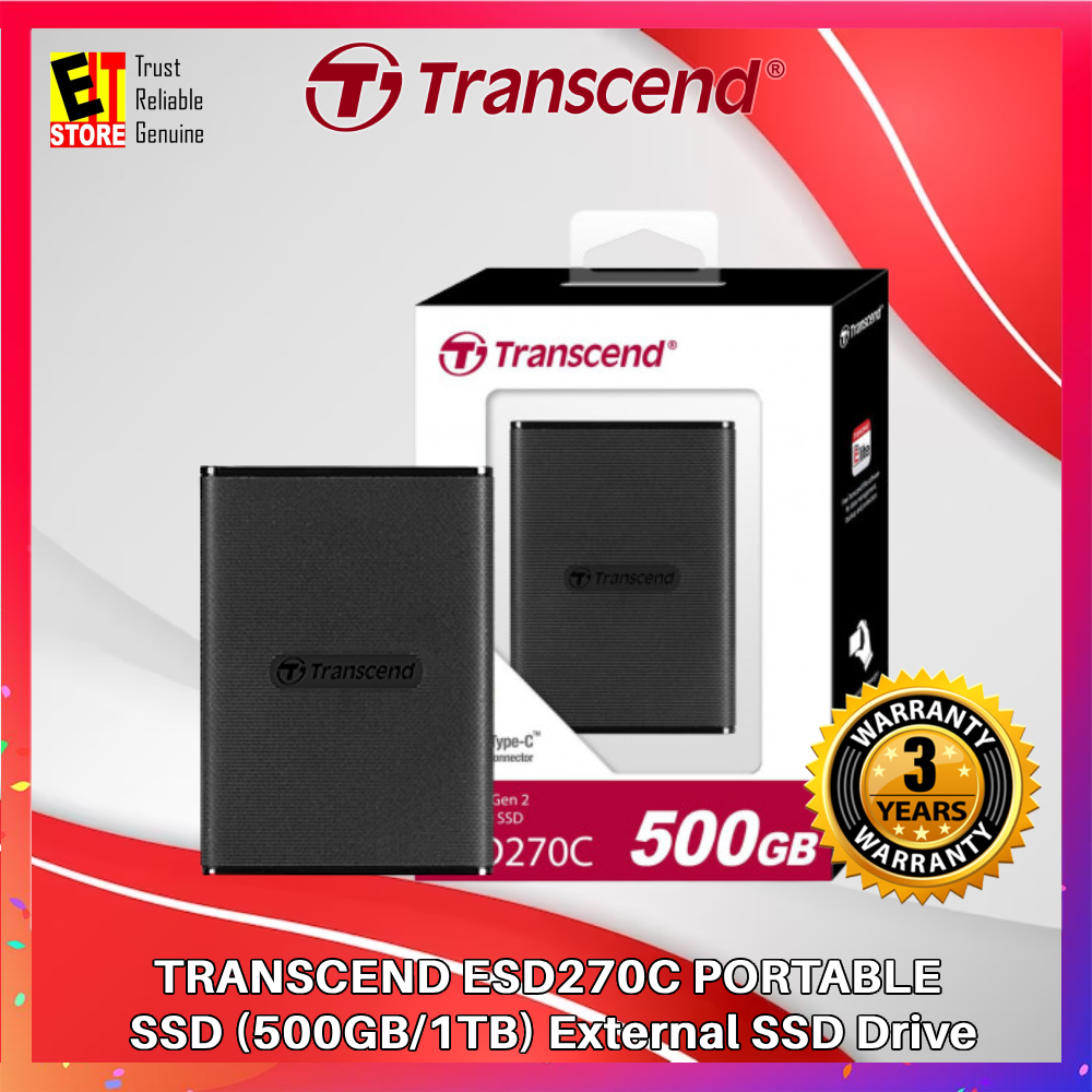 SSD Portatile Transcend ESD270C – 500GB, USB 3.1, Velocità Fino A 520MB/s, Compatto E Sicuro