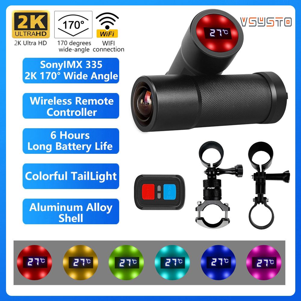 VSYSTO Bicycle Dash Cam SonyIMX335 2K 170 Degrees 7G Lens Bicycle Camera 6 Hours Long Battery Life with Colorful Tail Light and WIreless Remote Controller Waterproof WIFI ราคา 3,162 บาท*ส่งฟรี