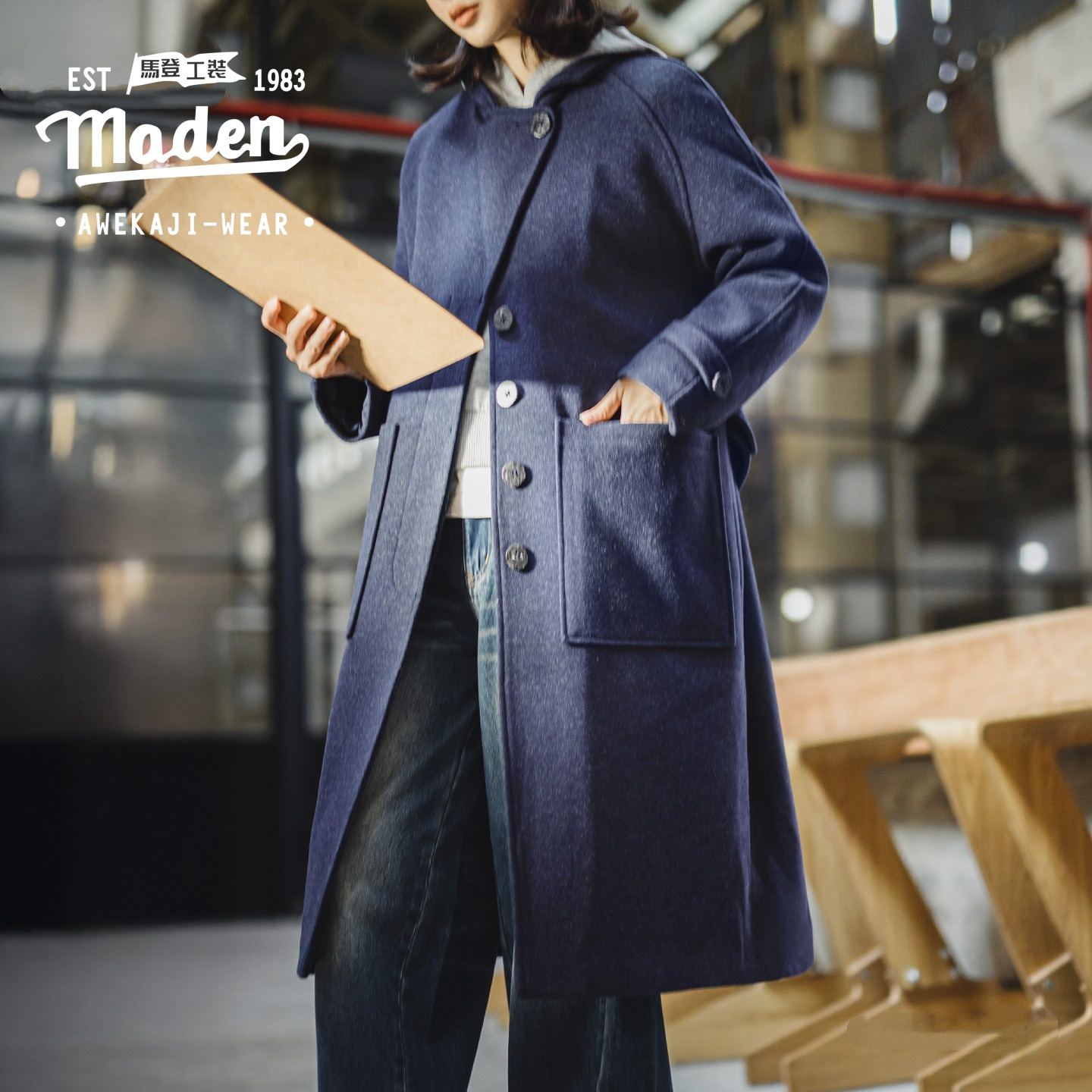 MADEN brand blue single breasted lapel mid length waist cinched warm woolen coat for women in autumn and winter ราคา 4,596 บาท*ส่งฟรี