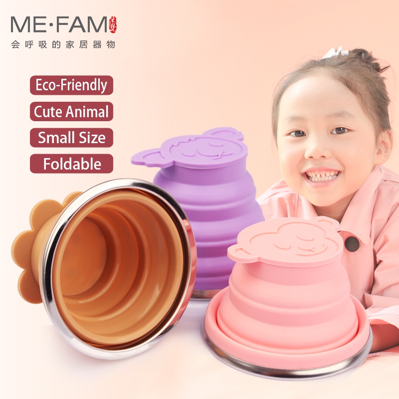Gambar ?CW? ME.FAM New Cute CartoonStainlessSilicone Folding Cup WithCover Lid Outdoor CollapsibleChild Water Cup