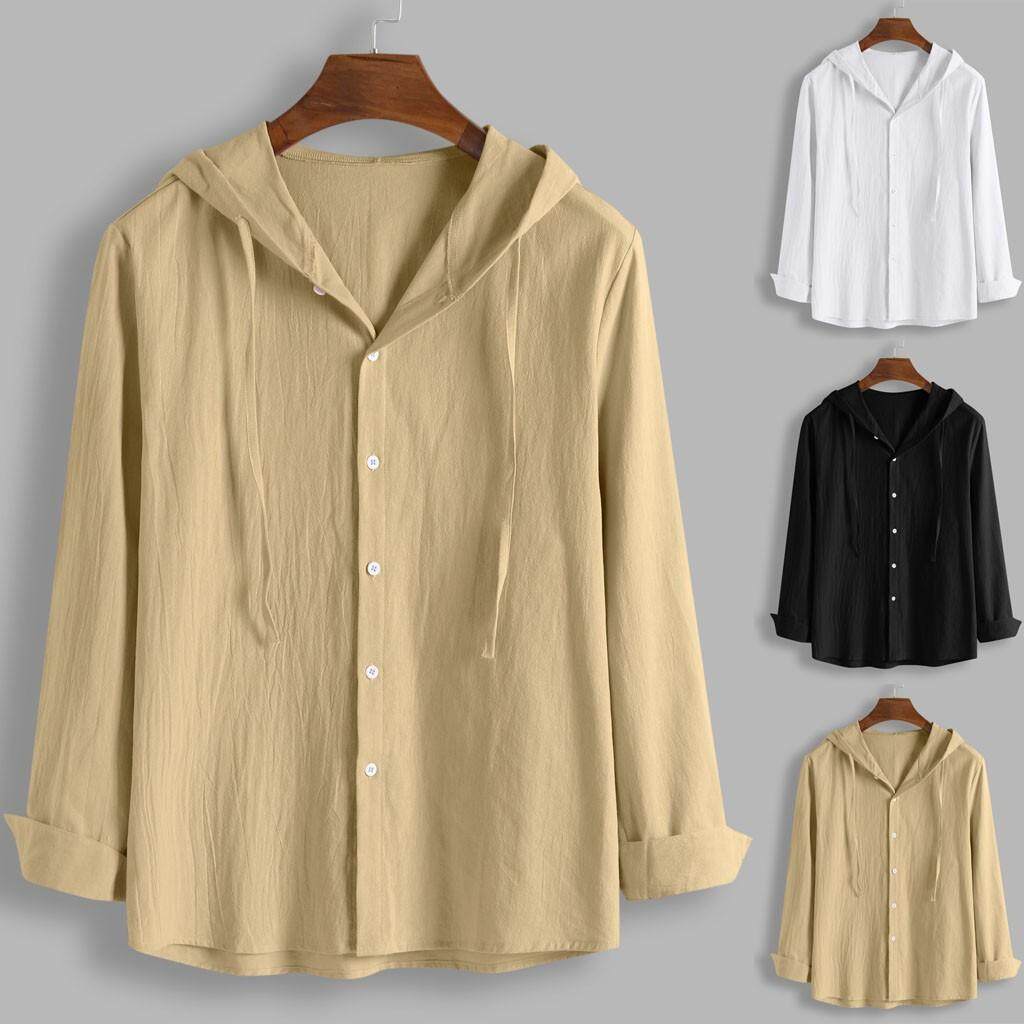 Shirts for Mens Cotton Blend Casual Solid Color Hooded Button Loose Long Sleeve Shirt Tops Blouse
