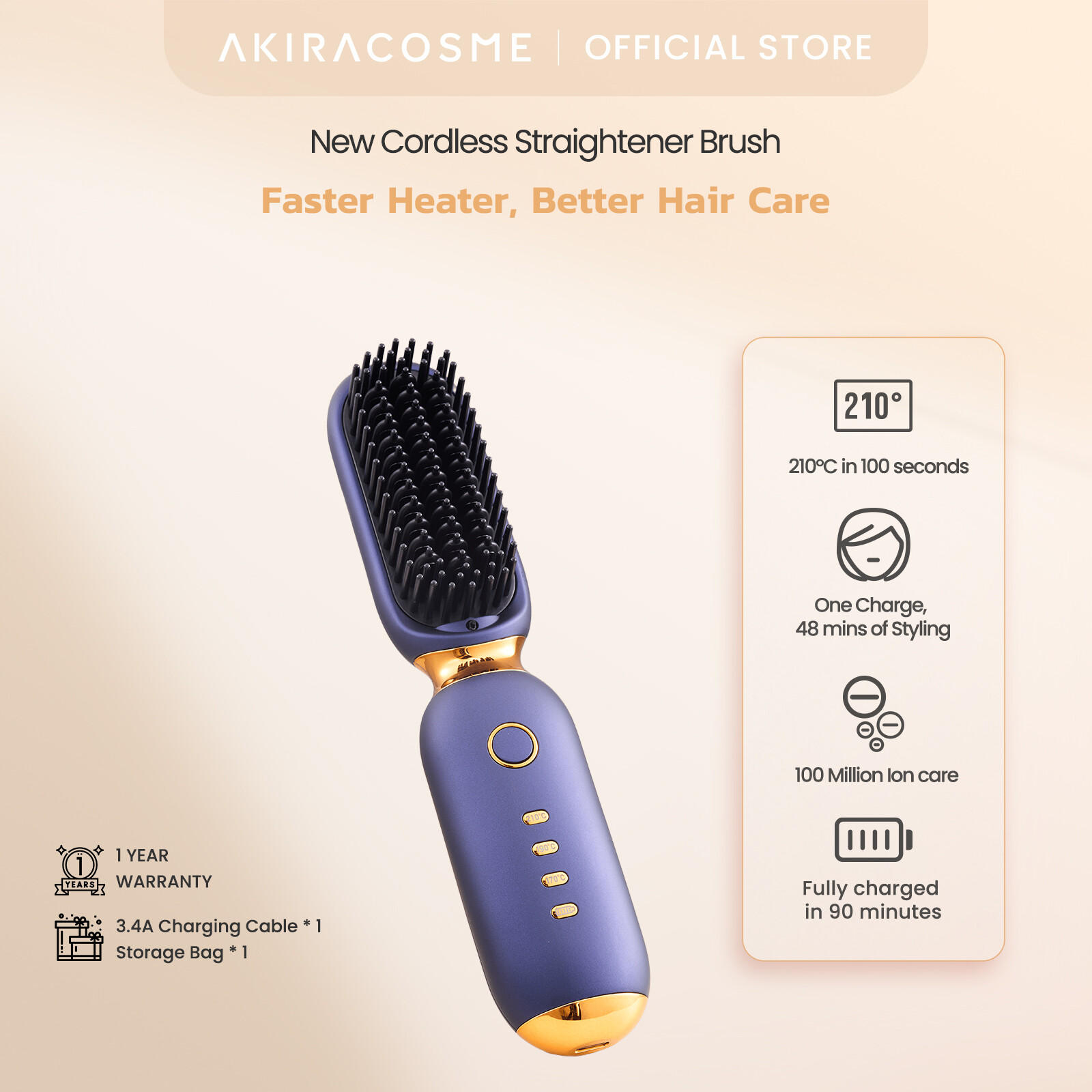 Japan AKIRA Akiracosme Cordless Hair Straightener Comb, Negative Ion 6000mAh USB Portable Hair Straightener Brush ราคา 1,110 บาท*ส่งฟรี