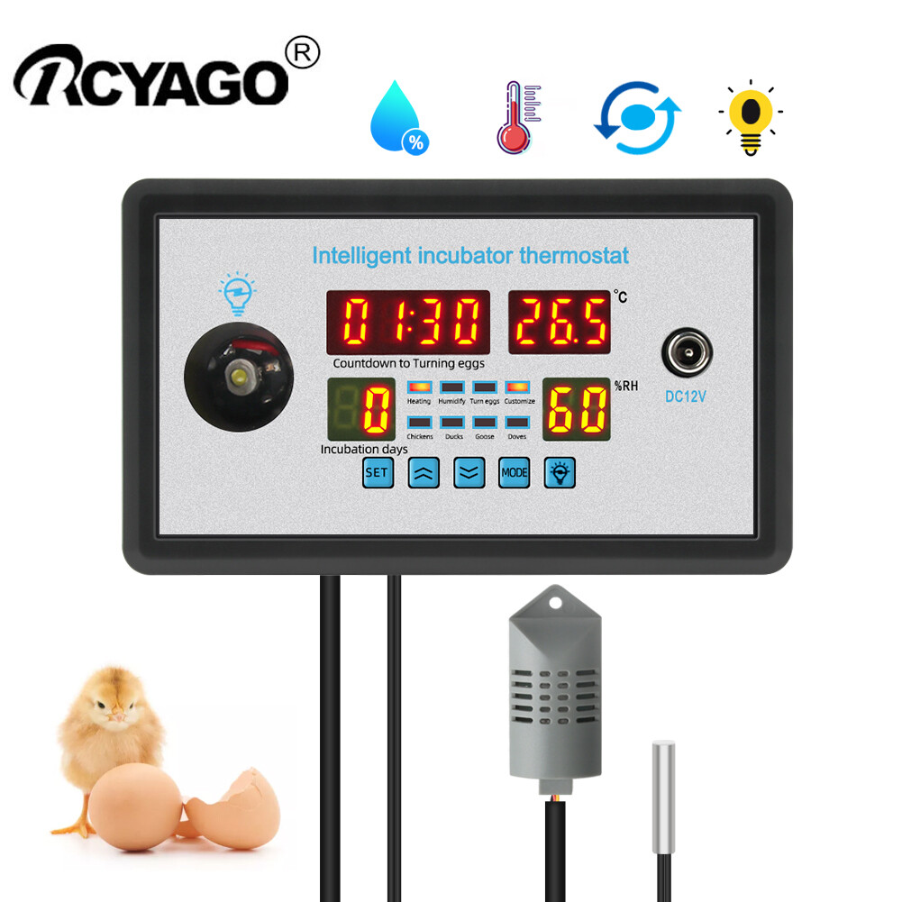 Rcyago bộ điều nhiệt thông minh mới cho lồng ấp trứng zfx-w9002 lồng ấp điều khiển độ ẩm nhiệt độ nhiệt kế 360 tự động xoay trứng 12v