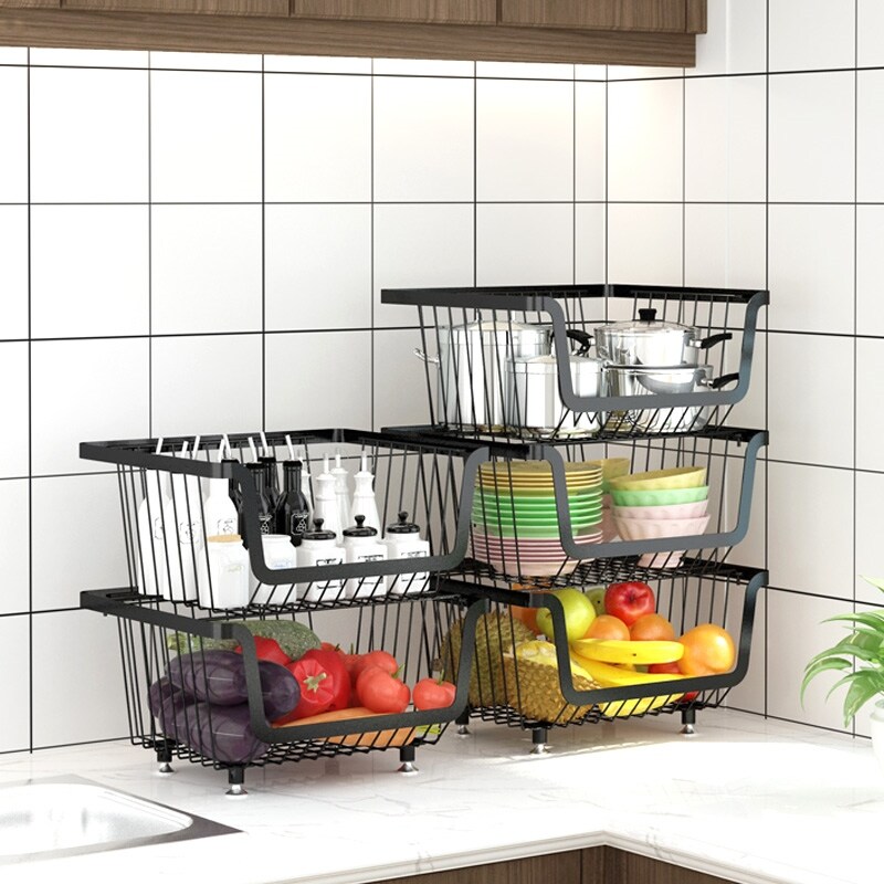 Gambar Black stainless steel kitchen shelf landing multilayer home receive goods storage baskets of fruit and vegetable laden water shelf