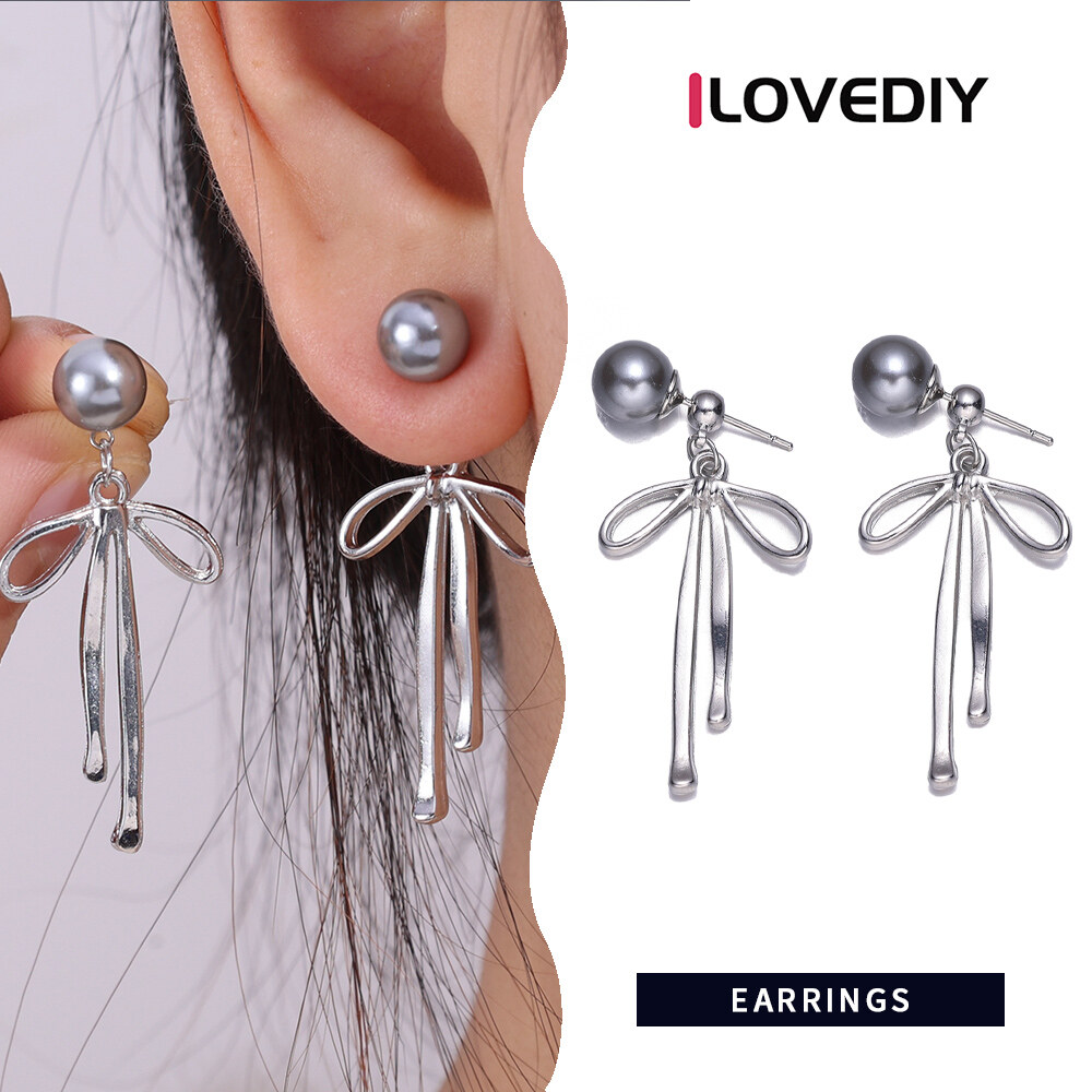 [ILOVEDIY] 925 Silver Needle Korean Fashion Chic Alloy Metal Bow tie Hanging Gray Pearl Stud Earrings for Women Girls Jewelry