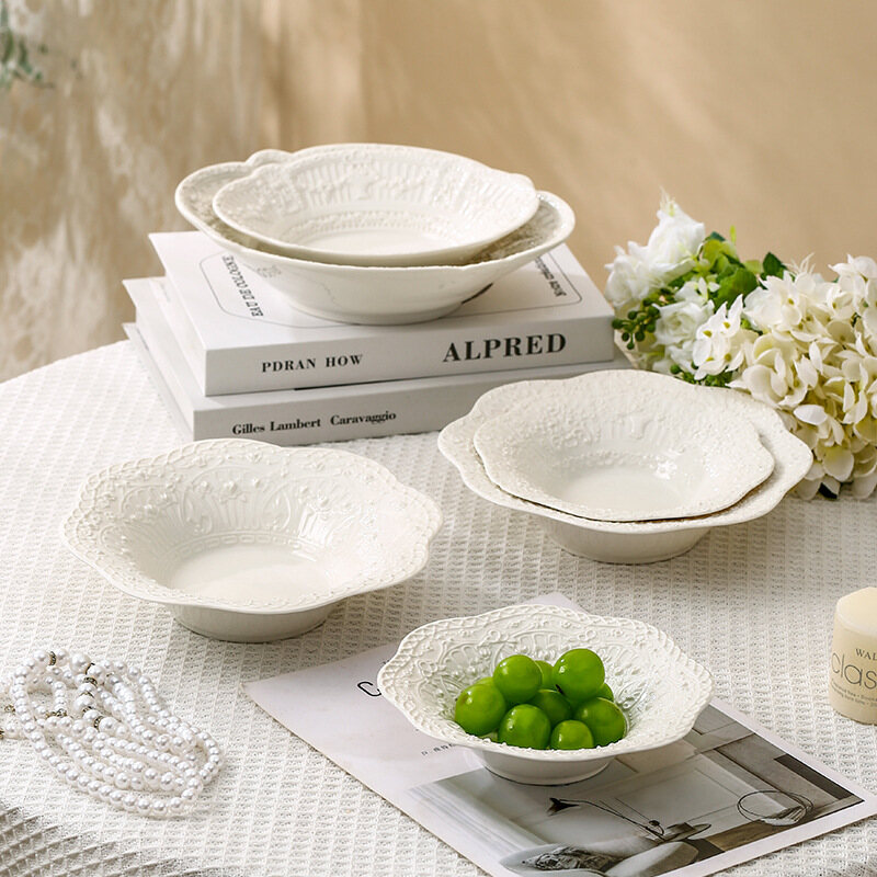 Gambar ?? Ready Stock?? Vintage Lace Plate Embossed Breakfast Dessert Cake Plate European Plate Ins Ceramic Tableware