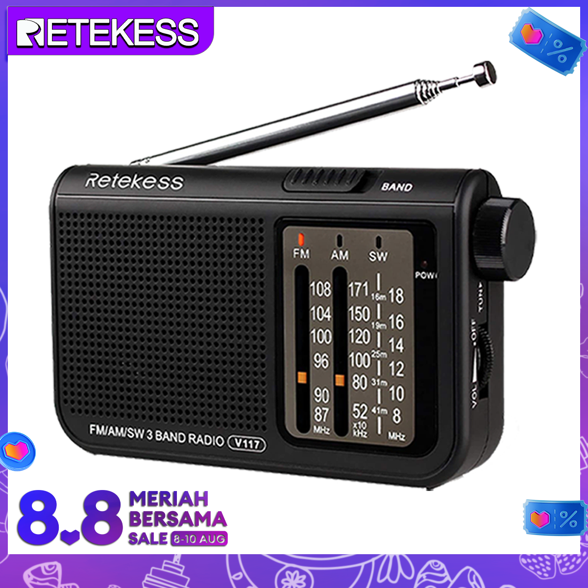 Retekess V117 đài phát thanh FM radio di động AM FM SW tất cả các sóng đài phát thanh multiband sóng ngắn đầy đủ ban nhạc đài phát thanh bóng bán dẫn hoạt động bằng pin