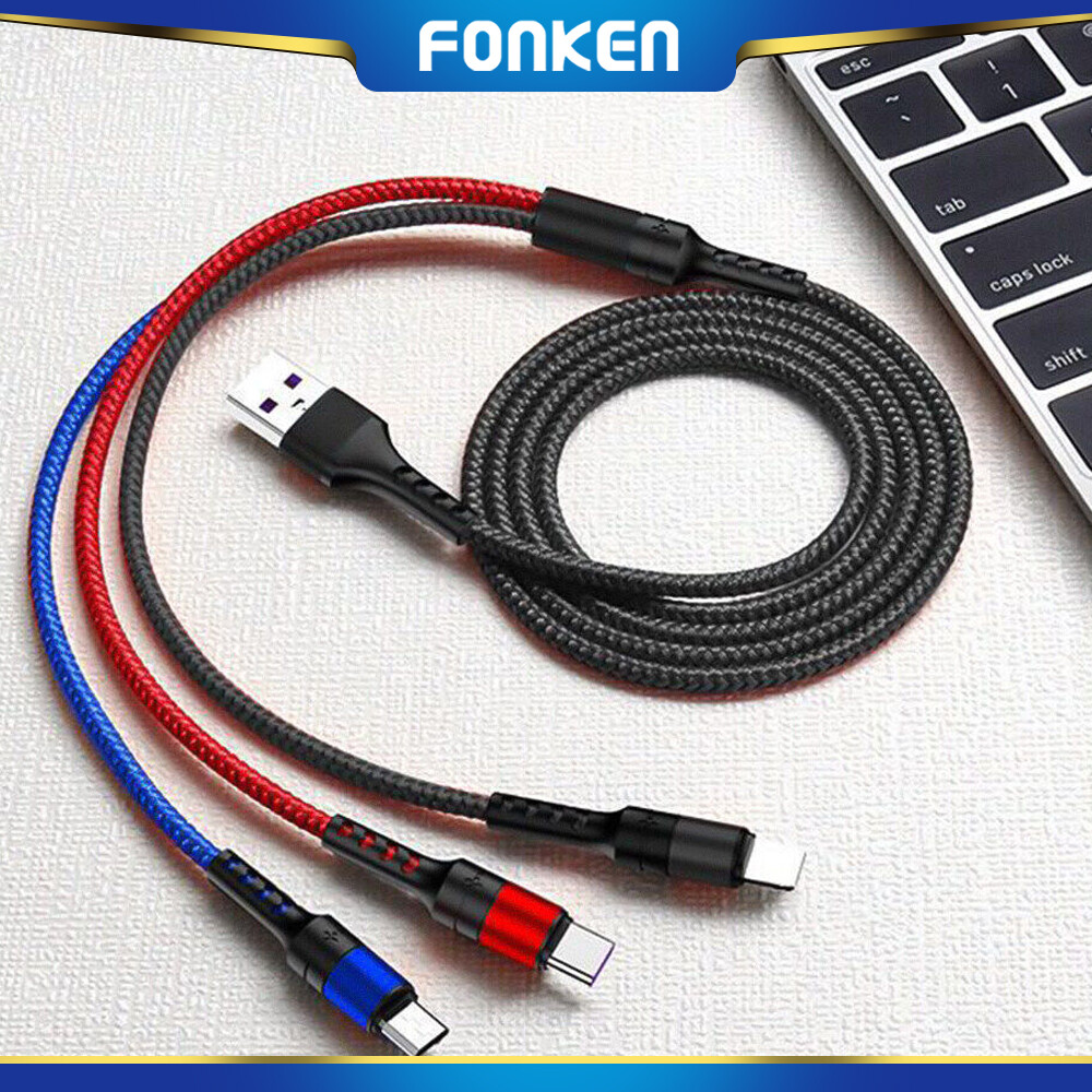 Fonken cáp sạc nhanh 5a cáp 8 chân sạc nhanh đa cổng micro usb/type-c/lightning 3 trong 1 cho iphone điện thoại android