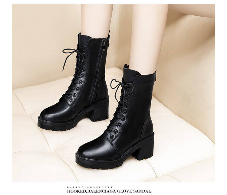 2020 new Martin boots women thick heel lace up mid-tube boots women flat bottom autumn and winter shoes mid thick heel non-slip military boots