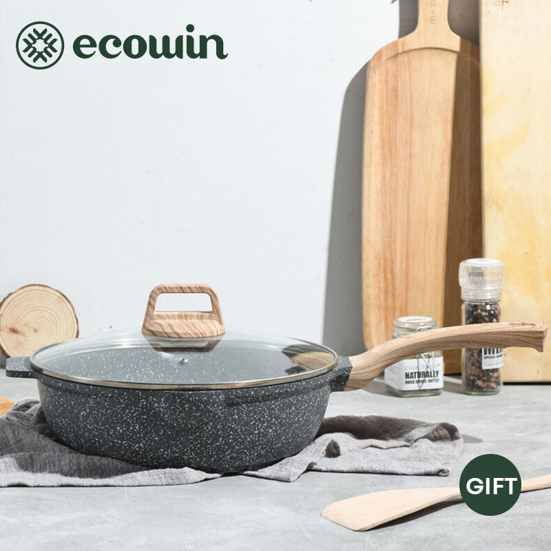 Gambar Ecowin Cookware Non Stick Deep Frying Pan  Maifan Stone Coating  Non Stick Wok with Lid Free of PFOA PTFE Suitable for All Stoves Gas Induction Pan 24 28 30 32cm  (Free Gift Wooden Spatula )