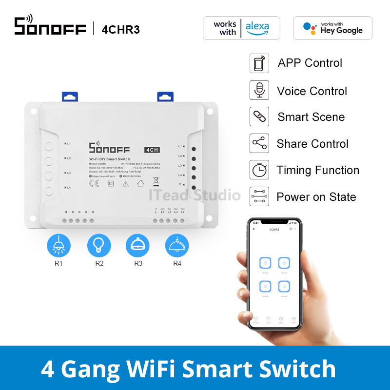 ITEAD SONOFF 4CH R3 WiFi Công tắc thông minh DIY Công tắc đèn 4 nút Công tắc thông minh Công tắc thông minh Điều khiển ứng dụng eWeLink 3 chế độ làm việc Điều khiển thời gian thông minh Điều khiển giọng nói Alexa, 16A/3500W/Tổng