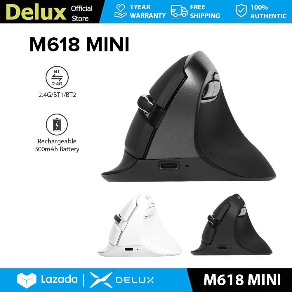 Delux M618 MINI Wireless Vertical Mouse Ergonomic MAX 4000 DPI 2.4G Bluetooth Rechargeable 6 Buttons Silent Click For Small Hands Optical For PC/Laptop/Windows/Mac