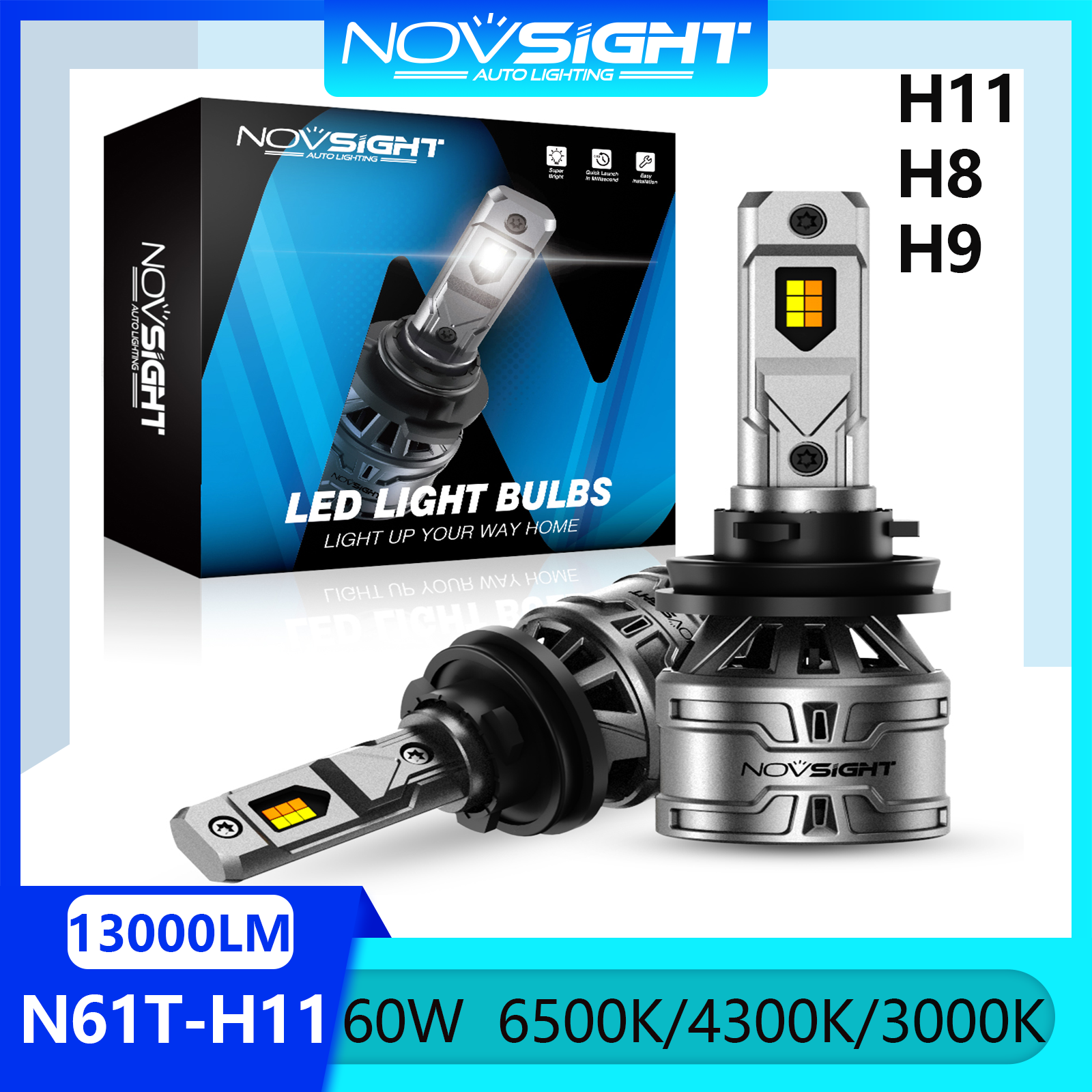 Novsight N61T H11 LED Headlight Bulb 6500K/4300K/3000K 3 Color Temperature LED Lights for Car High/Low Beam 60W 13000LM Plug&Play Ready Stock 2 PCS 2 Years Warranty Free Shipping Giá 635,040 Đồng*Miễn phí vận chuyển