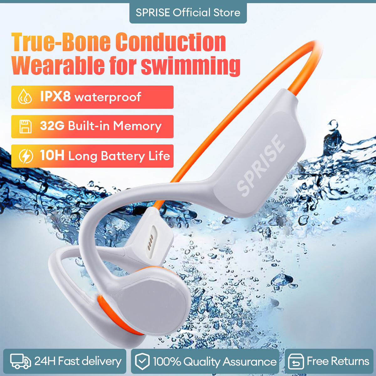 SPRISE X7 Bone Conduction Swimming Bluetooth Headphones With MP3 Function Non-in-ear Earphone With IPX8 Deep Waterproof Surround Stereo Bluetooth 5.3