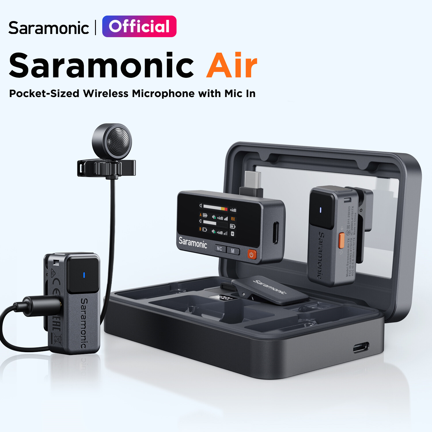 Saramonic Air Pocket-Sized Wireless Microphone Original Noise Cancelling Mic Lapel Microphone for Vlogging Android iPhone 15/16 DSLR Camera