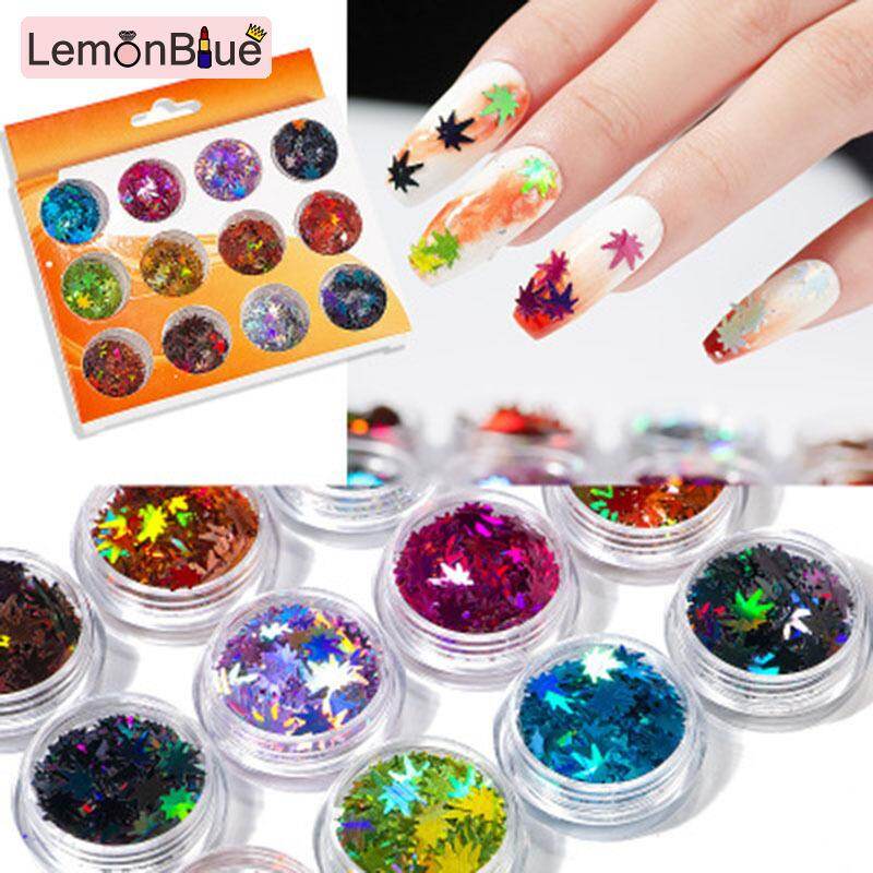 Gambar LemonBlue 12 Colors Nail Maples Leaf Decoration Sequins Multicolor Shiny DIY Nail Decors Set