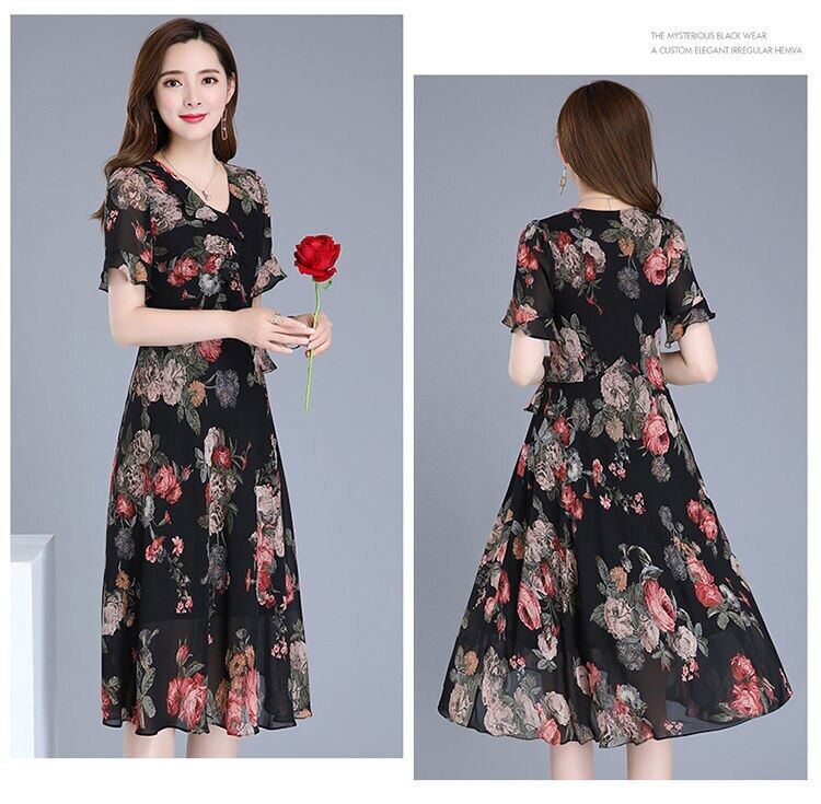 2012 new dress women's summer dress large size printed skirt big brand high-end temperament floral mother Medium-length dress