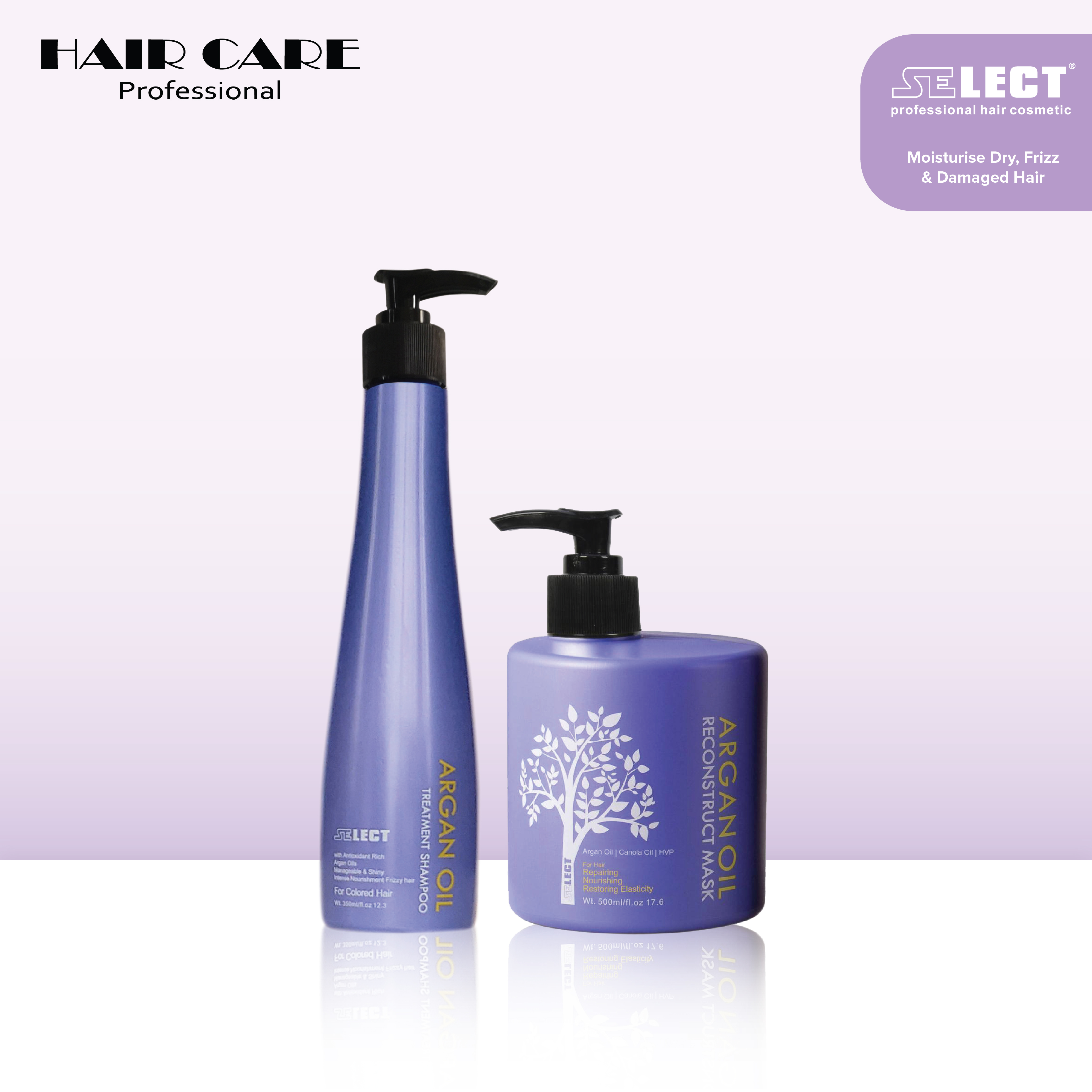 Gambar Select Argan Oil Treatment Shampoo 350ml + Select Argan Oil Reconstruct Treatment ( Hair Mask ) 500ml   For Damaged Color Frizzy Hair and Split Ends