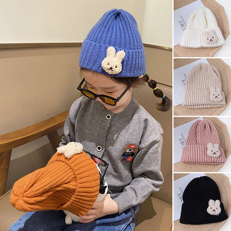 Cartoon Rabbit Baby Beanie Cap Cute Solid Color Warm Knitted Hat for Kids