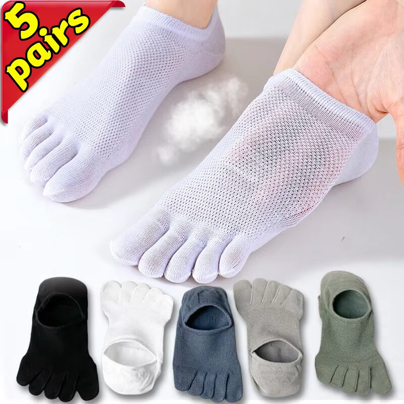 5Pairs Pure Cotton Five Finger Short Socks Men Sweat Absorbent Antibacterial Breathable Mesh Boat Socks Running Sports Toe Sock