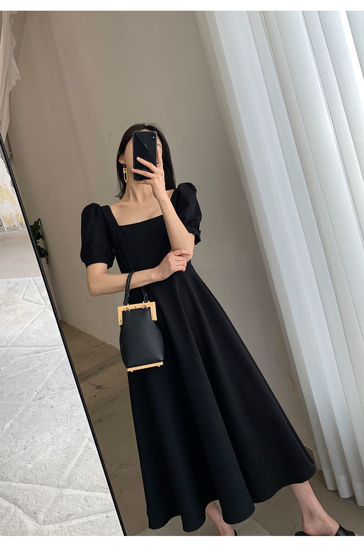 Plus Size Dress for Women Korean Hepburn Style Square Neck Short Sleeve  A-line Puff Sleeve Black Long Dress S-3XL | Lazada Singapore