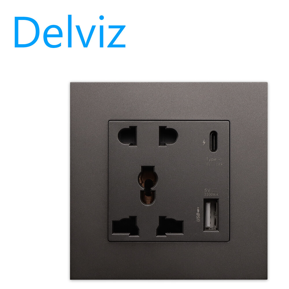 Delviz EU standard Type-c charging socket, wall mounted power node USB socket, 5-hole PD18W fast charging 1A/1C socket. Gray socket.