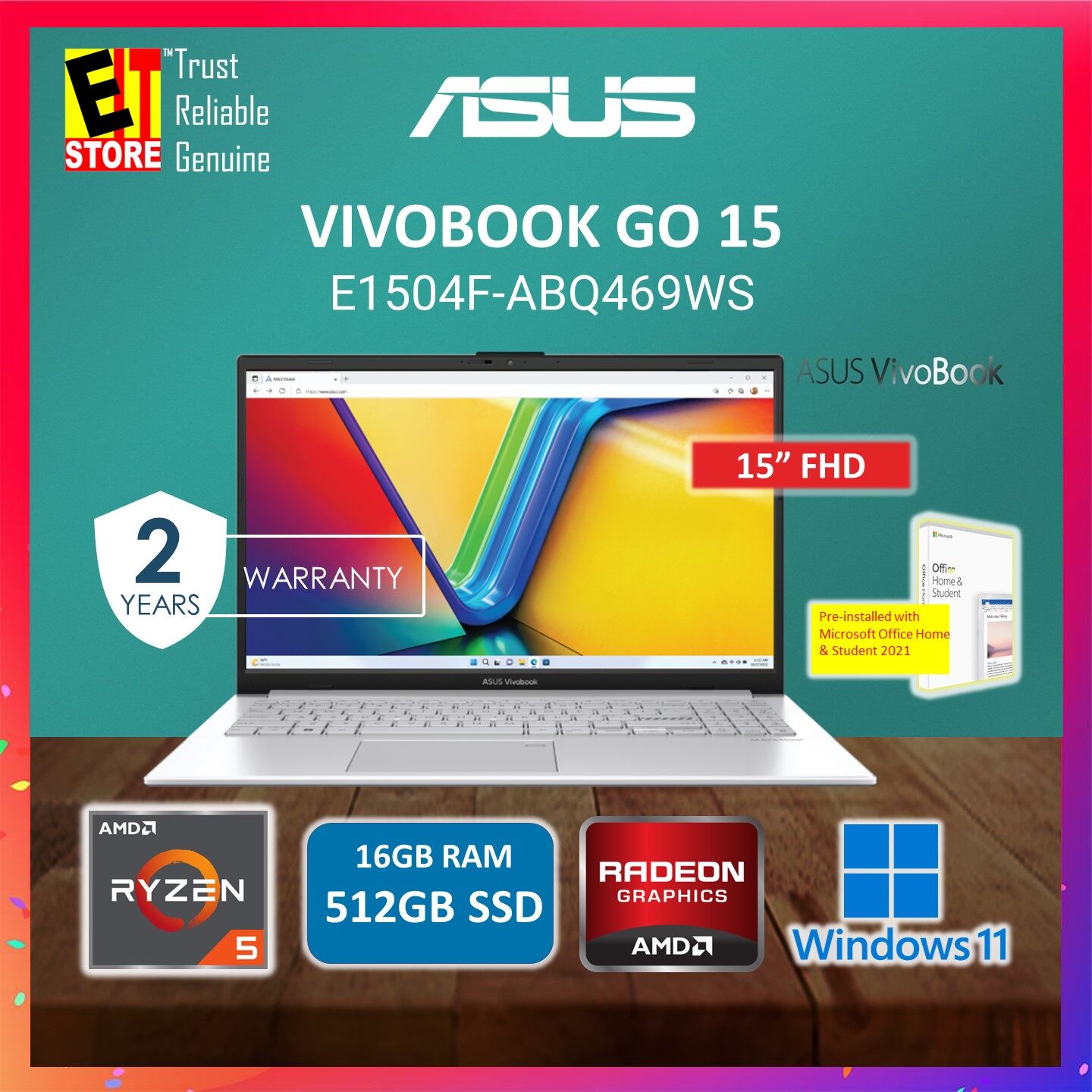 ASUS LAPTOP Vivobook Go 15 (RYZEN 5 7520U / 16GB / 512GB SSD / AMD Radeon Graphics / 15.6'' FHD or 14" FHD / OFF H&amp;S 2021/W11/BACKPACK/2YR) E1504F-ABQ471WS / E1404F-AEB888WSM
