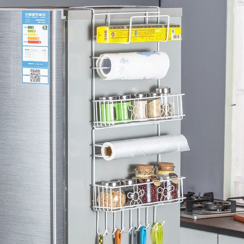 Gambar Refrigerator rack side hanger multi layer kitchen supplies multi functional household complete side wall plastic wrap storage rack